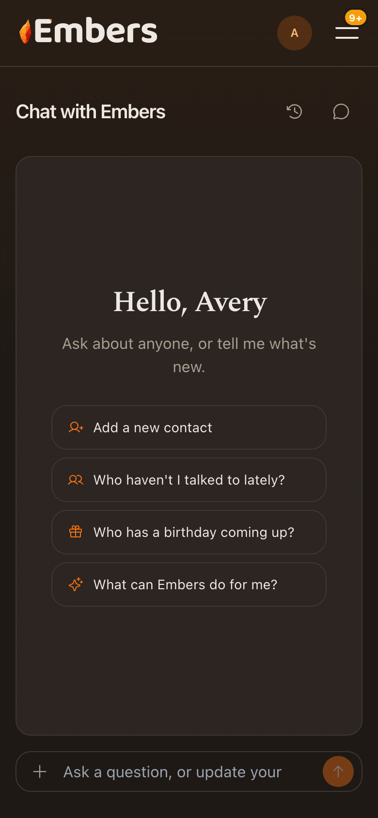 The Embers chat answering a question about who has gone quiet in your circle.