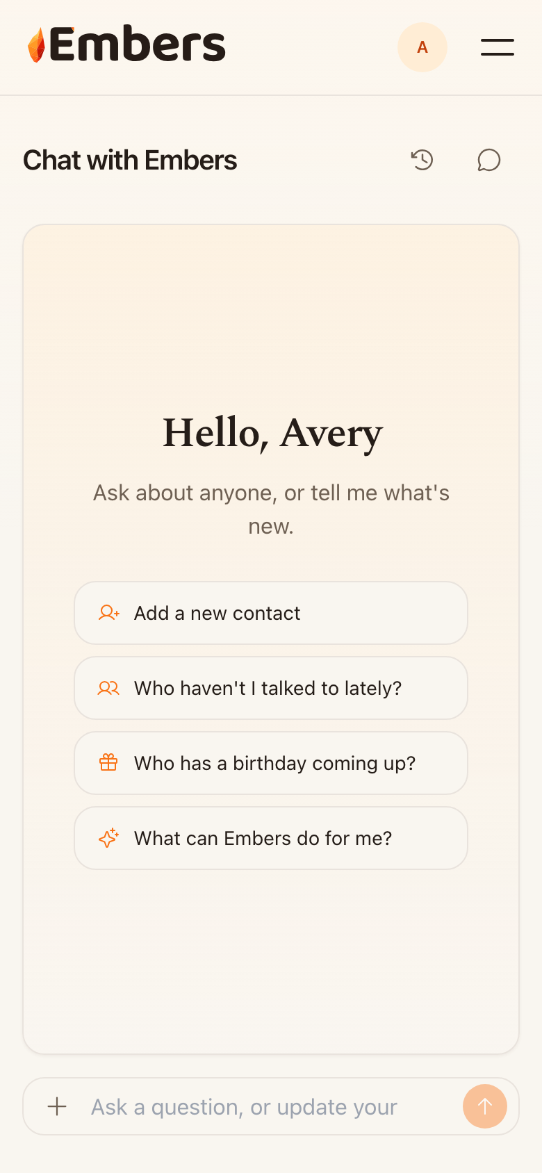 The Embers chat answering a question about who has gone quiet in your circle.