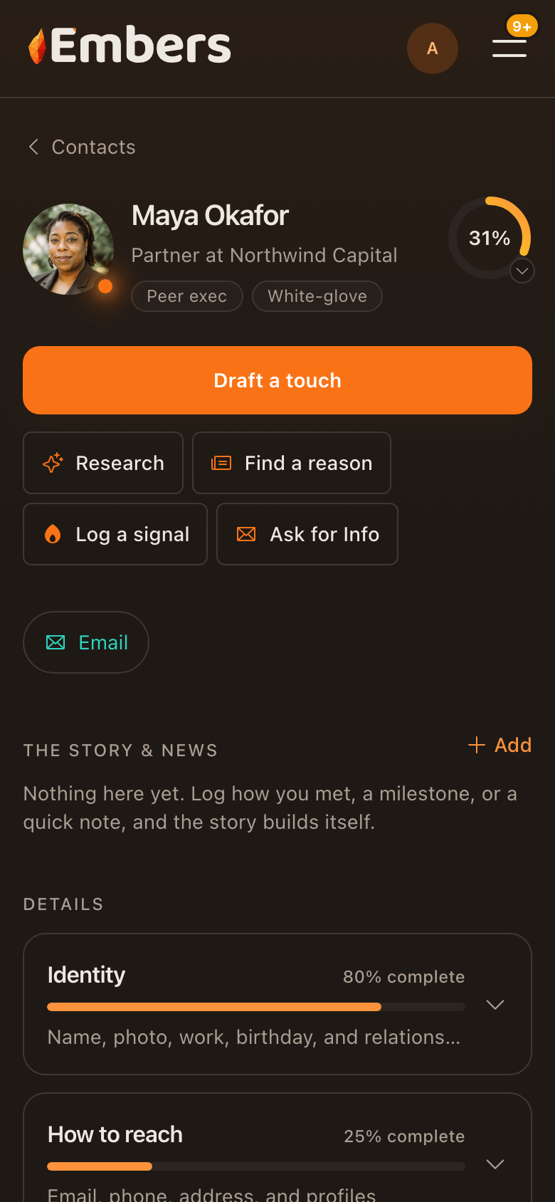A contact's page in Embers: their role and relationship, what's worth noting, and a Draft a touch button.
