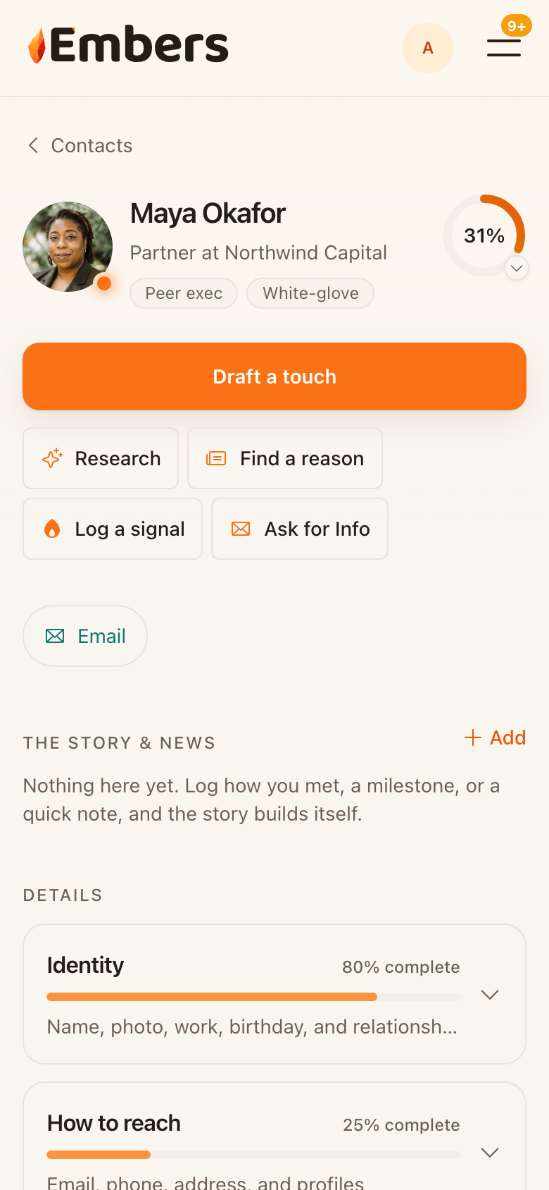 A contact's page in Embers: their role and relationship, what's worth noting, and a Draft a touch button.