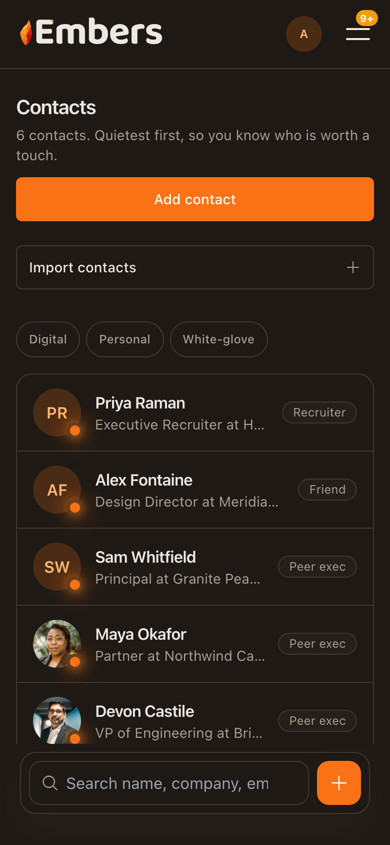 The Embers contacts list: each person with their role, company, and a warmth indicator.