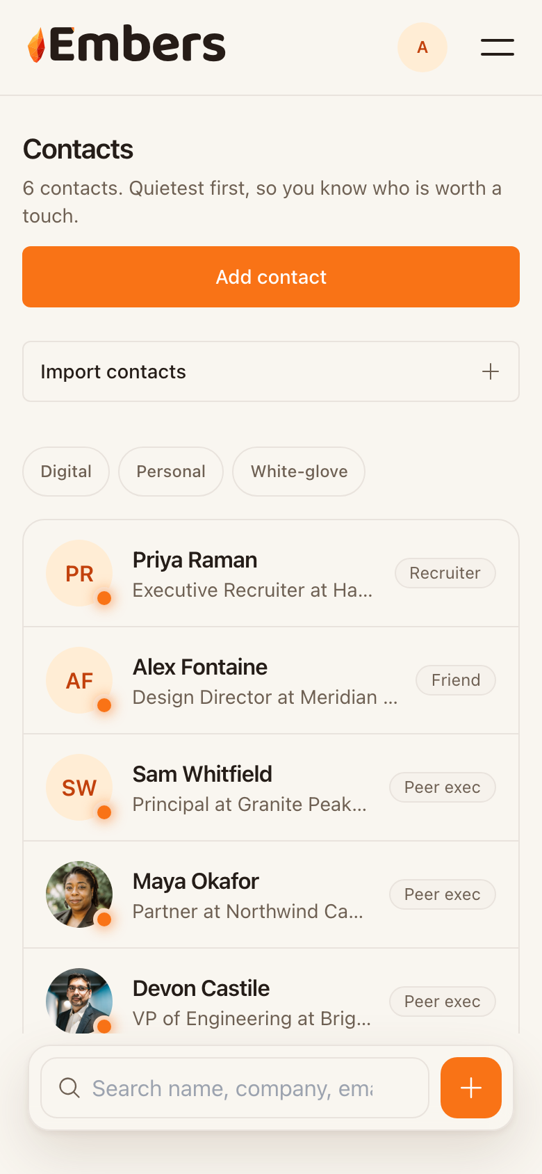 The Embers contacts list: each person with their role, company, and a warmth indicator.